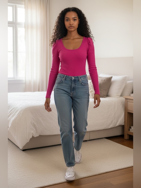 FARM Rio Tops - Farm Rio Fuchsia Scoop Neck Ribbed Long Sleeve Bodysuit, Size Small